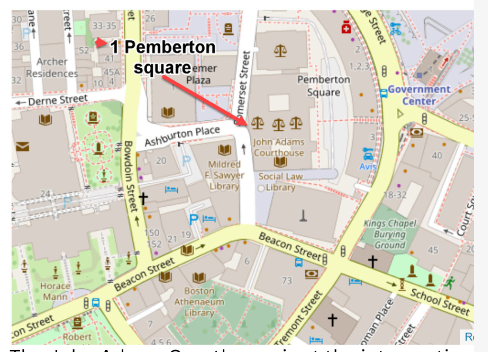 Map of Pemberton Square -  John Adams Courthouse is at the intersection of Ashburton Place and Somerset Street, within the Pemberton Square Complex.